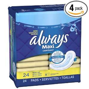 Always Maxi Regular Without Wings, Unscented Pads, 24 Count (Pack of 4 