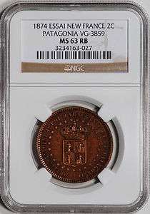 1874 New France Patagonia 2 Centavos Essai   NGC MS63RB  