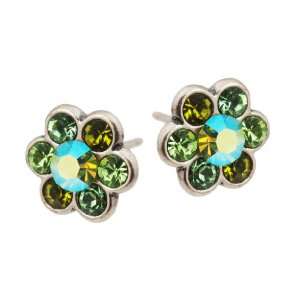  Flower Earrings with Green Swarovski Crystals   Hand Made in Israel 