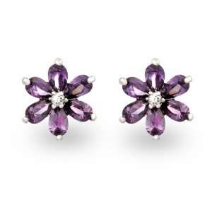   Flowers with Six Oval Petals February Birthstone Stud Earrings with