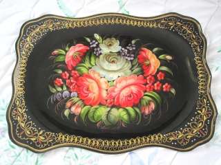   Hand Painted Lush Floral Vintage Russian Metal Black Tole Tray  