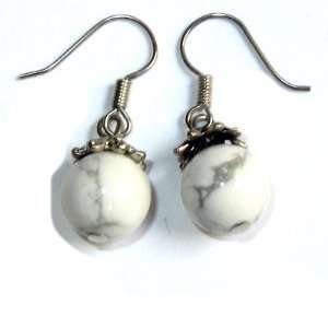 Howlite Earrings 01 Orb White Gray Silver Accent Steel Crystal Stone 1 