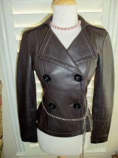 Michael Kors Coffee Brown Genuine Leather Jacket Double Breast Petite 