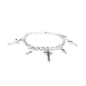    925 Sterling Silver Toned Christian Cross Charm Bracelet: Jewelry