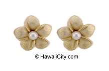 Hawaiian 14k Gold Plumeria Flower Pearl Earrings  