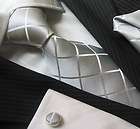 DISTINO Mens Silk Neck (Necktie) Tie, Cufflinks & Hanky: Silver No.46