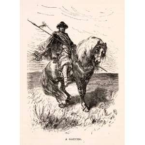 1878 Wood Engraving Argentina Gaucho Pampas South America Cowboy Horse 