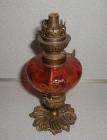   Red Glass Oil Lamp Chimney Gold Paint Overlay Design Cast Metal Base