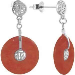  Sterling Silver Red Jade Chinese Motif Earrings: Jewelry
