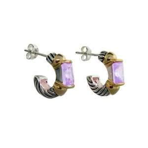   Silver Cable Hoop Earrings with Lavender CZ   Clearance Final Sale