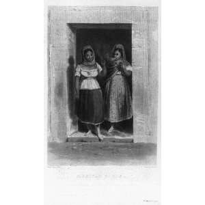 : Mexican Girls. Costumes of the Poblanas,1844,2 young women smoking 