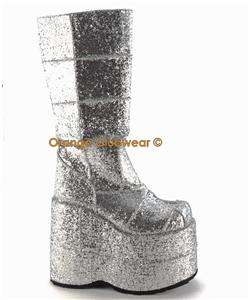 DEMONIA STACK 301G Womens Silver Glitter Platform Boots 885487012995 