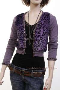   usa Knitted Leopard Fur Cardigan Sweater Shrug top Braided Trim S M L