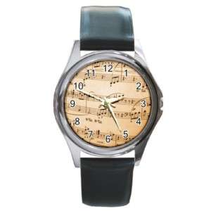 Music Notes Round Leather Band Watch  
