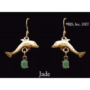 Dolphin Gemstone Earrings, 14k Yellow Gold, Jade set gemstone, Dolphin 