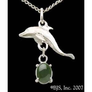 Dolphin Gemstone Necklace, Sterling Silver, Jade set gemstone, Dolphin 