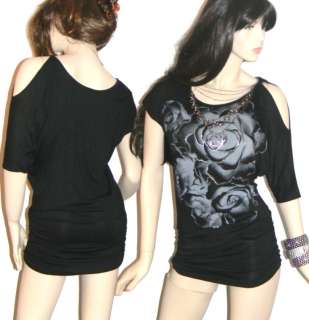 SEXY COLD SHOULDER BODY FIT TIGHT GOTHIC TATTOO FOIL FLORAL ROSE TOP 