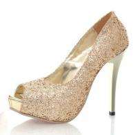 Sexy Gold Bling Bling Shiny 4.5 Heel Pumps Shoes #12  