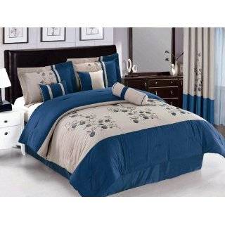 Pc Elegant Blue, Off White Embroidered Comforter Set / Bed in a Bag 