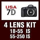 USA Canon Model EOS 7D + 4 Lens Kit 18 55 IS, 55 250 I