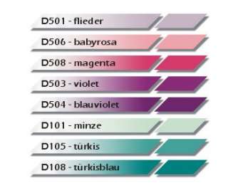 ACHTUNG: Farben der Farbliste können je nach Bildschirmeinstellung 