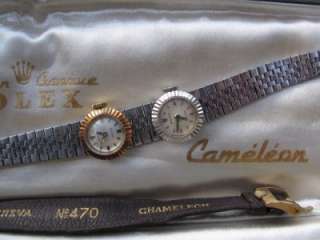Two 1950s Rolex 18k Ladys Slide Charm Chameleon Watch Rose & White 