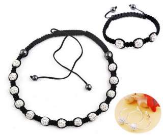 White Braid Chain Necklace Bracelet Earring Set Inlay Disco Crystal 