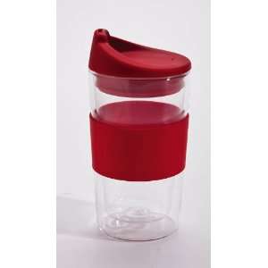 Double Wall Glass Travel Cup w/Silicone Lid & Sleeve 10oz, Red:  