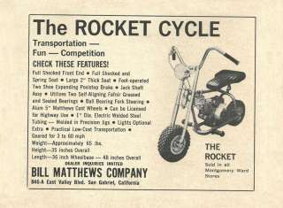 Vintage 1961 Bill Matthews Co. Rocket Cycle Mini Bike Ad  