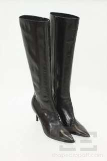   Black Leather Pointed Toe Heeled Knee High Boots Size 39.5, NEW  