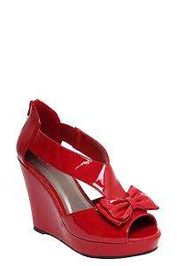 Lena Red Patent Bow Peep Toe Wedge (Wide Width)  