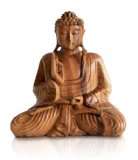 Buddha Holzfigur Statue Amoghasiddhi sitzend, Figur aus Holz, Höhe 20 