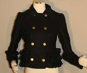   Cute! BLACK Wool Coat Blazer Jacket w/ Lower Side Ruffles: XS, S, M, L
