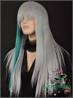 GW220 Punk Silver Mixed Green Long Straight Gothic Wig  
