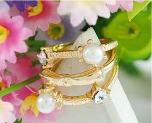   New Fashion Jewelry Womens Pearl Bowknot Three piece Ring Gold  