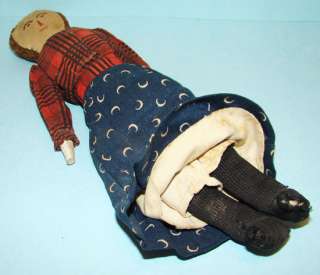 19thC Antique Miniature Child Church Rag Cloth Doll in Blue Calico 