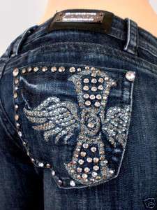 Women LA Idol Skinny Jeans Metallic Stitch Crystal Wing Cross Stretch 