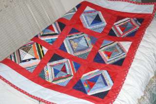 Handmade Lap Throw Quilt red white and blue multi color  