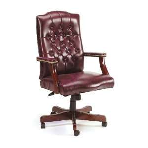   OXBLOOD VINYL CHAIR WITH MAHOGANY FINISH   Delivered
