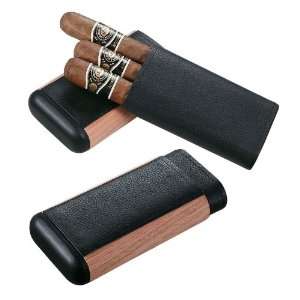 Visol Lockwood Black Leather & Wood Cigar Case   Holds 3 Cigars 
