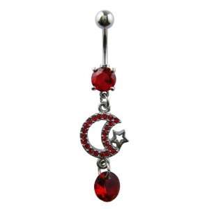  Red Dangle Moon And Star Crystal CZ Dangle Belly Button Navel 