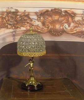 Vintage Antique Bronze Brass Cherub Table Lamp Crystal Shade old 