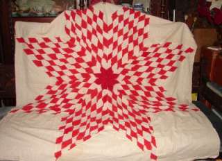   Stitched Lonestar Star Red White Quilt Top Feedsack Material  