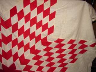   Stitched Lonestar Star Red White Quilt Top Feedsack Material  