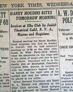 HARRY HOUDINI Magic Escape Artist funeral rites 1926 Newspaper  