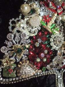   Rhinestone Jewelry Framed Christmas Tree, OOAK, Red, Green & Silver