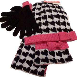 Girls Black White Hearts Scarf Hat Gloves Set pink bows 814442013470 