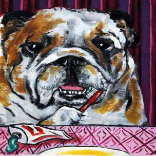 bulldog brushing teeth dog art tile coaster gift animal  