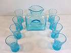 vintage depression glass blue double spout water pitcher with 8