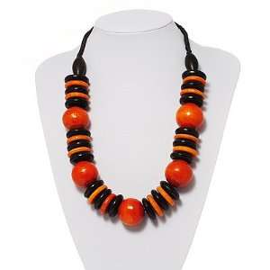    Chunky Beaded Cotton Cord Necklace (Black & Orange) Jewelry